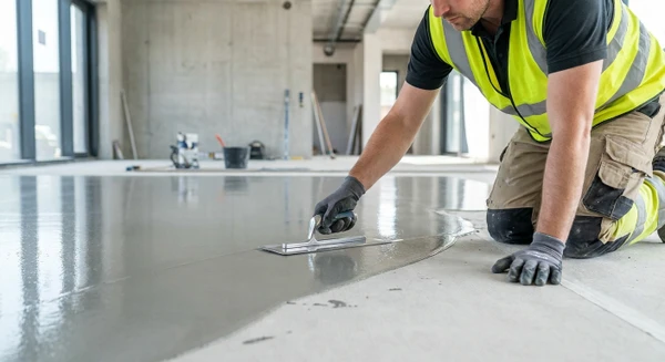Photographie en gros plan d'un artisan professionnel en &eacute;quipement de travail (gilet de s&eacute;curit&eacute;, bottes de protection) appliquant une finition en micro-b&eacute;ton, b&eacute;ton cir&eacute; ou r&eacute;sine &eacute;poxy sur une surface de sol int&eacute;rieur. L'artisan utilise un outil de lissage, une taloche ou un applicateur sp&eacute;cialis&eacute; pour cr&eacute;er une surface lisse et uniforme. On voit clairement la mati&egrave;re brillante ou semi-brillante en cours d'application, avec le contrast visuel entre la zone travaill&eacute;e (finition lisse et brillante) et la zone non encore trait&eacute;e. L'arri&egrave;re-plan montre un chantier int&eacute;rieur avec une structure claire. La composition met en &eacute;vidence le professionnalisme, la ma&icirc;trise technique, le rendu de finition haut de gamme et l'importance de la pr&eacute;cision dans l'application de ces rev&ecirc;tements sp&eacute;cialis&eacute;s.