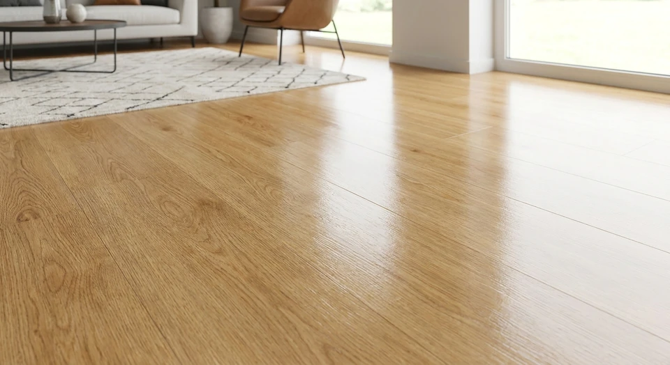 Gros plan photographié légèrement en plongée d'un sol intérieur en revêtement vinyle ou PVC de haute qualité, présentant une finition brillante et lisse avec un décor élégant (imitation bois naturel ou pierre). La surface doit apparaître impeccable, brillante et accueillante, reflet de la propreté et de l'entretien facile. L'éclairage naturel met en avant la texture et la profondeur du revêtement, suggérant confort, esthétique et durabilité.