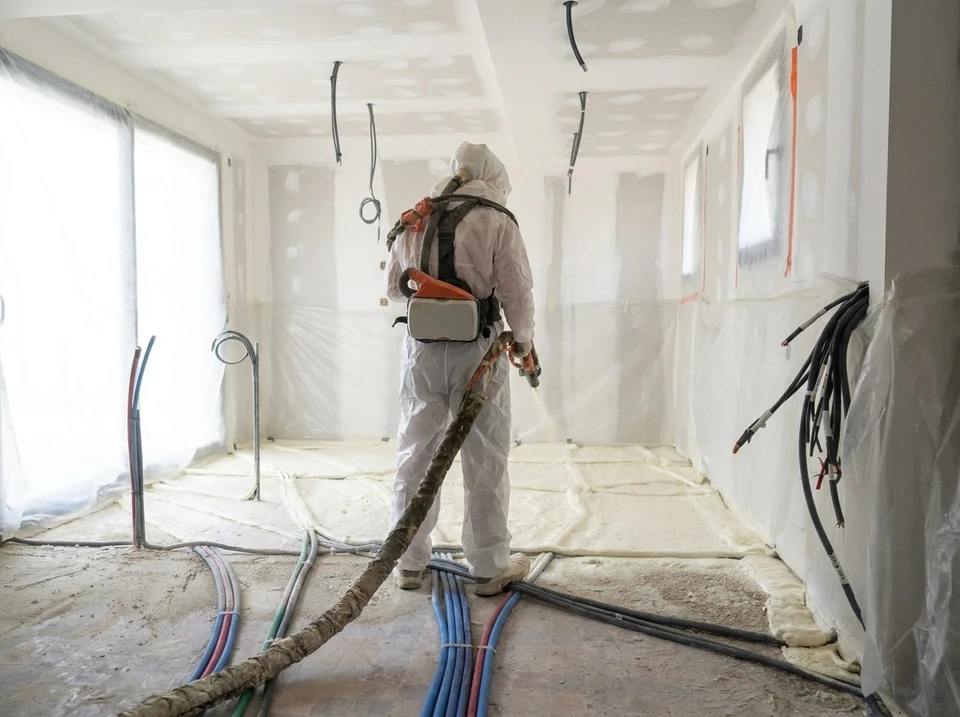 Photographie professionnelle d'un chantier de sol en progression montrant plusieurs étapes de travail : au premier plan, un ouvrier en tenue de travail appliquant une chape liquide grise sur une surface ; au second plan, une zone de chape déjà coulée en cours de lissage ; en arrière-plan, une section finalisée avec un revêtement de carrelage ou béton ciré installé. La scène doit montrer la continuité du processus de travail, avec des matériaux et outils de chapiste visibles (raclettes, niveaux, bétonnière). Eclairage naturel de chantier, image claire et nette, format paysage, aucun texte ni logo visible.