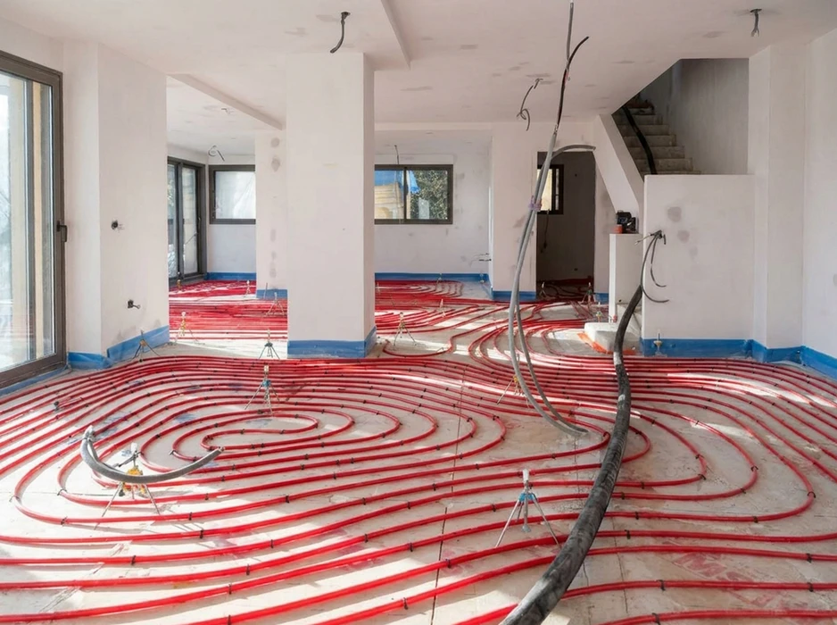 Photographie d'un intérieur moderne montrant un sol fini avec carrelage de qualité professionnelle, parquet en bois clair ou gris et une transition visible avec une chape bien exécutée. La scène doit capturer un chantier récemment terminé ou un rendu professionnel avec clarté et détails permettant d'apprécier la qualité du travail de revêtement de sol. Lumière naturelle ou bien équilibrée pour mettre en avant les finitions.